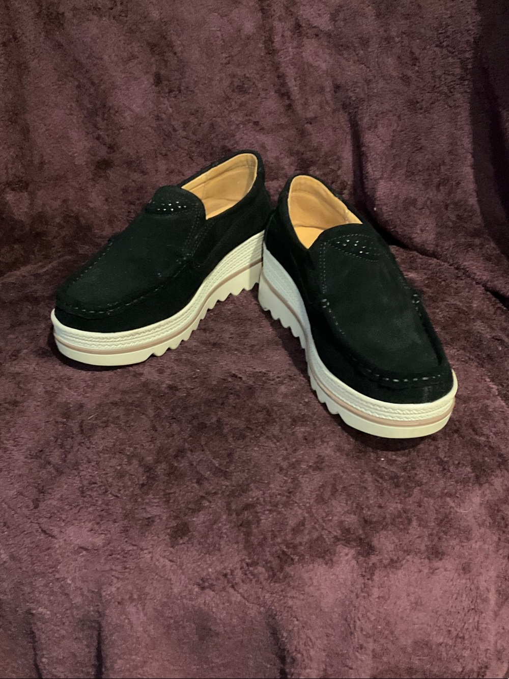 Black Suede Platform Loafers with White Lug Sole